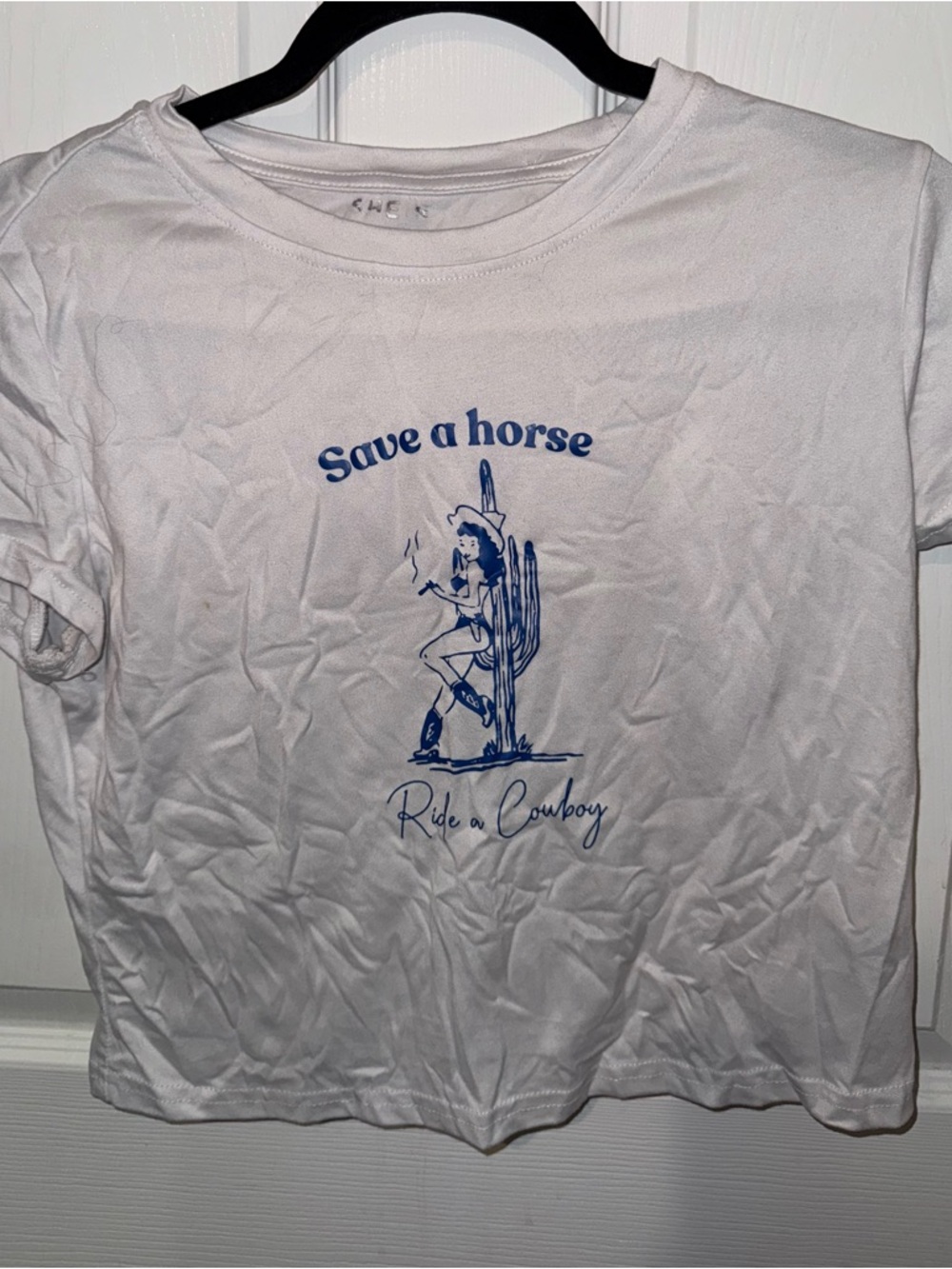 SHEIN White Short Sleeve Tee with Blue Western Graphic